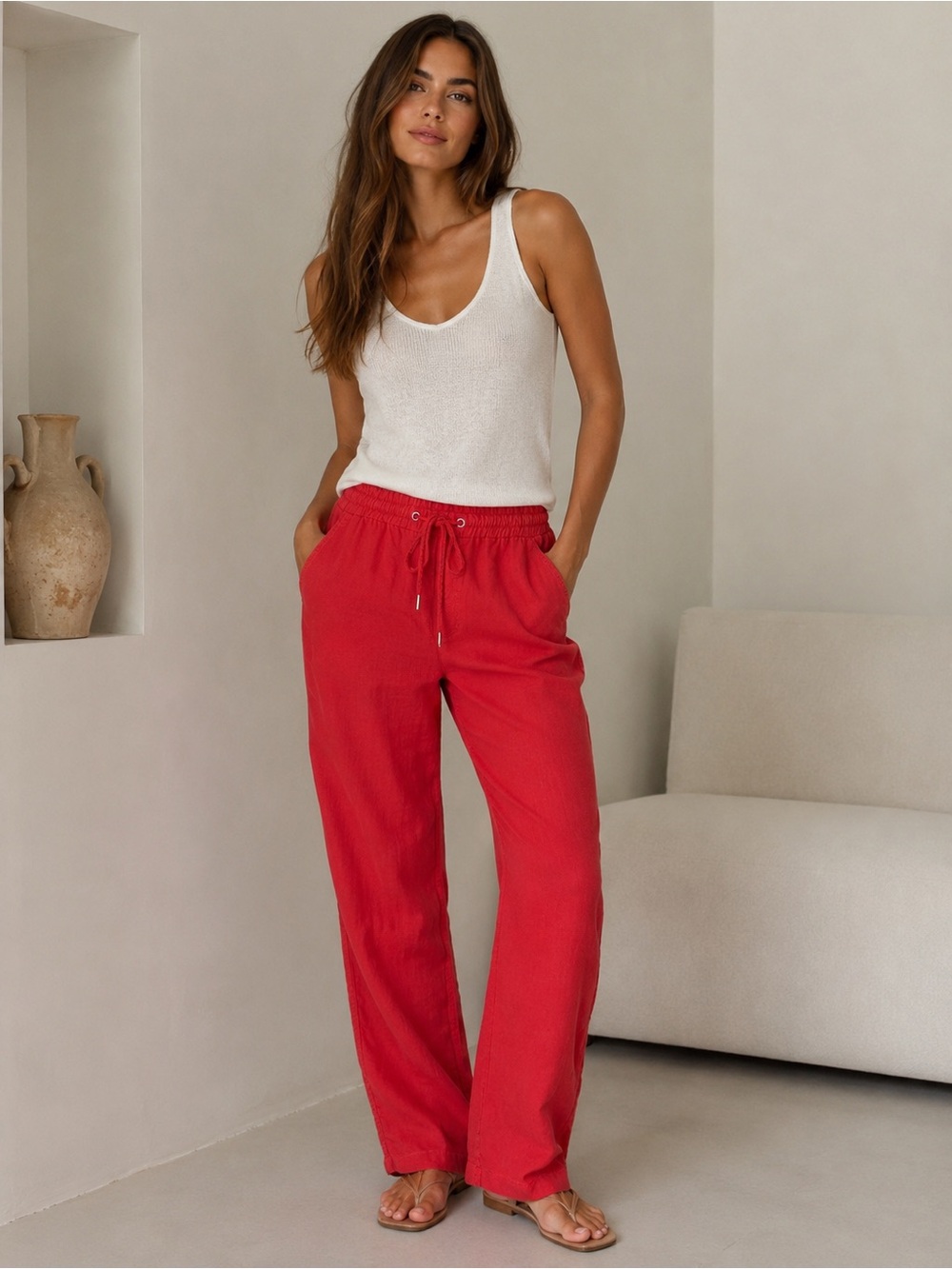 Olsen Lisa Fit 100% Linen Red Straight Leg Drawstring Pants Size M 10